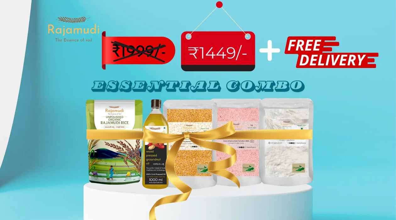 Essential Combo - (Pack of 5) | Rajamudi Rice (Semi-Polished ) 5KG + Groundnut Oil (1000ML) + Himalayan Pink Salt (1 KG) + Organic Sharbati Wheat flour (1 KG) + Organic Toor Dal (1kg)
