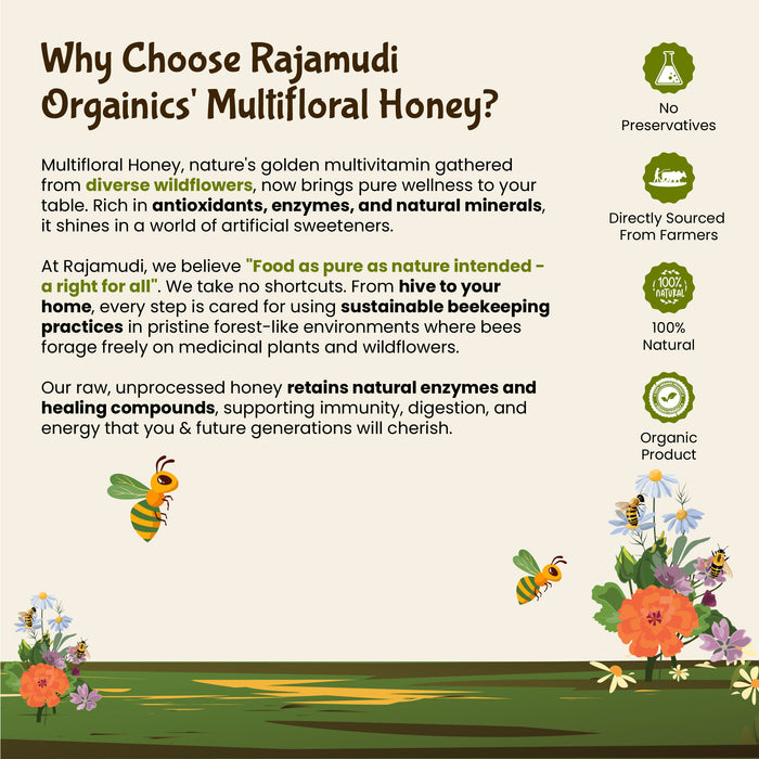 Rajamudi Organics' multifloral honey of bees and flowers.