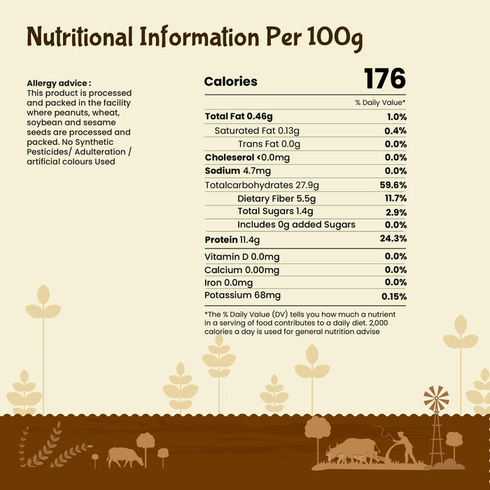 Nutritional information per 100g with a rustic design featuring plants and animals.