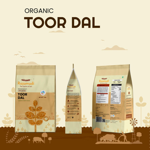 Rajamudi Organic Toor Dal packaging on a beige background with minimalistic illustrations.