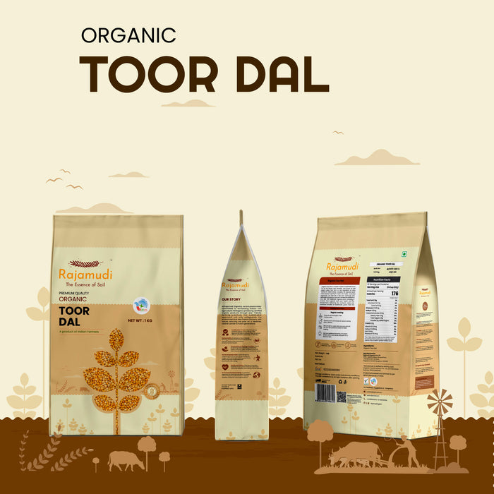 Rajamudi Organic Toor Dal packaging on a beige background with minimalistic illustrations.