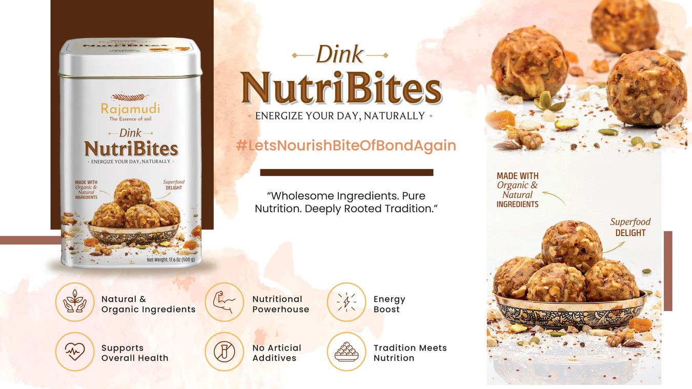 Rajamudi Dink NutriBites packaging with text and images of the product.