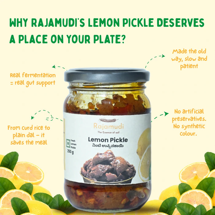 Organic Lemon Pickle 500g — No Preservatives, Cold-Pressed Oil | Rajamudi Organics