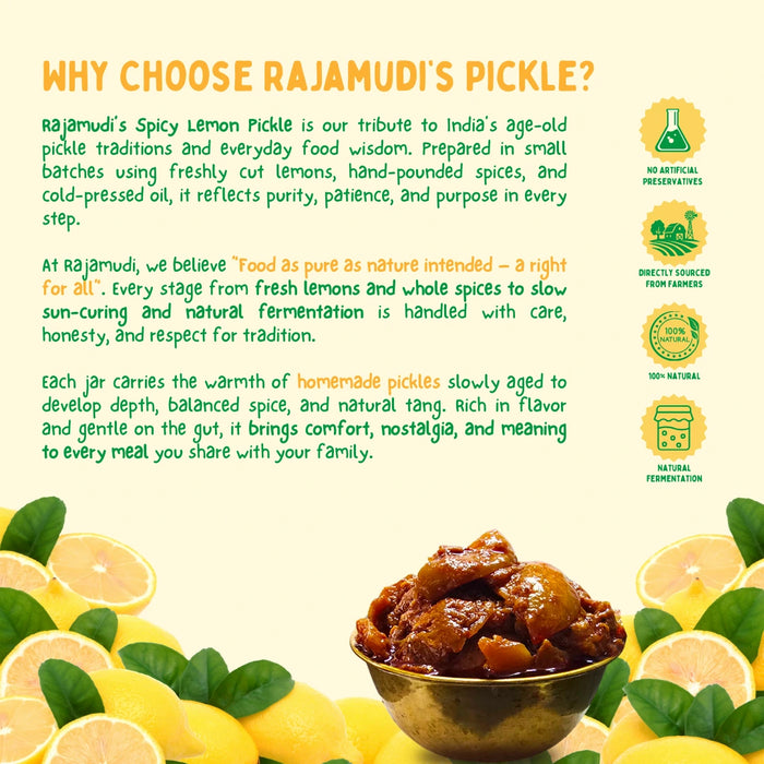 Organic Lemon Pickle 500g — No Preservatives, Cold-Pressed Oil | Rajamudi Organics