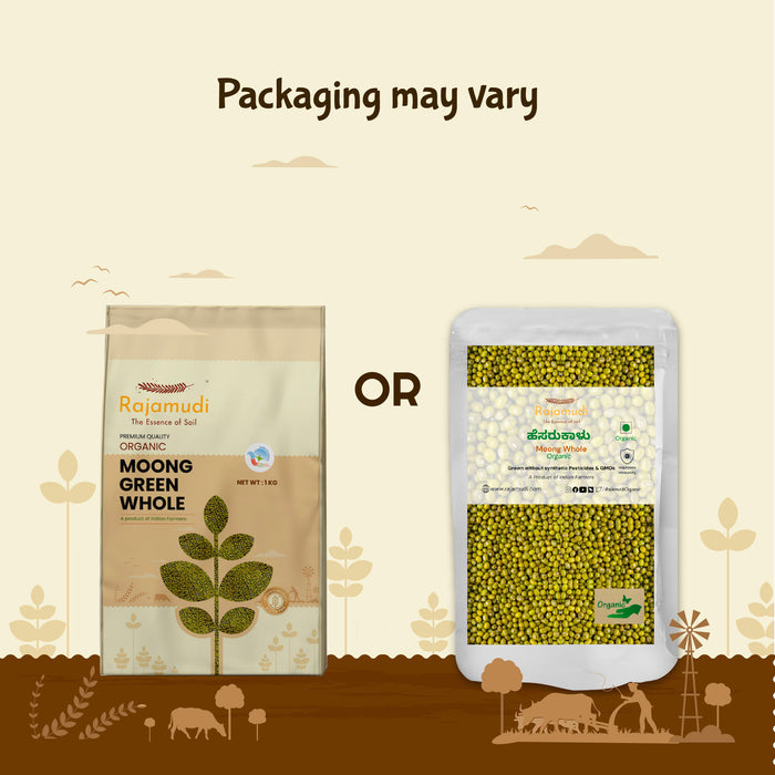 Two packaging options for Rajamudi Moong Green Whole with a neutral background