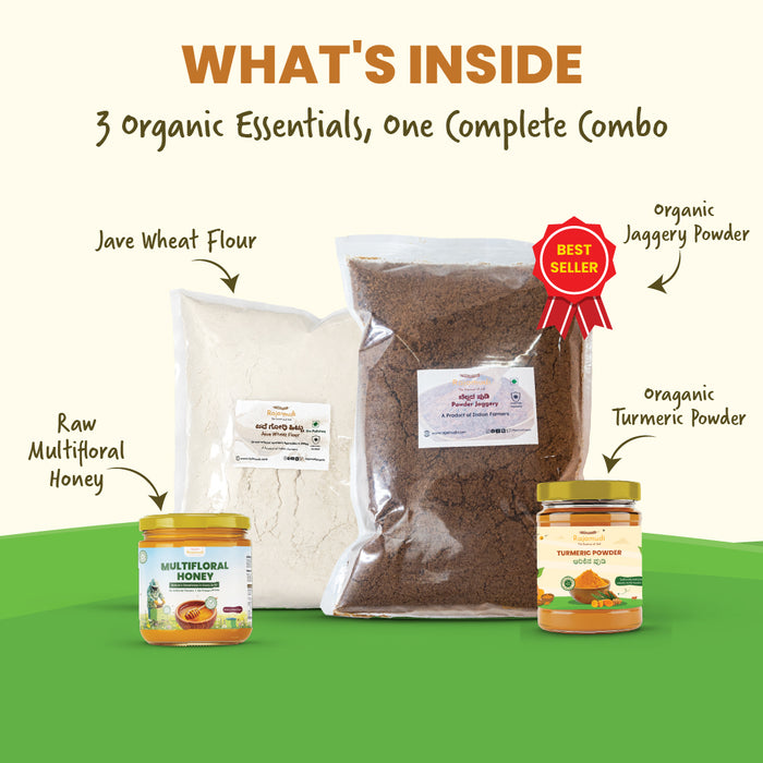 Rajamudi Organic Golden Goodness Combo - Jaggery Powder (1kg) + Java Wheat Flour (1kg) + Raw Honey (100ml) + Turmeric Powder (100g) | 100% Pure & Certified
